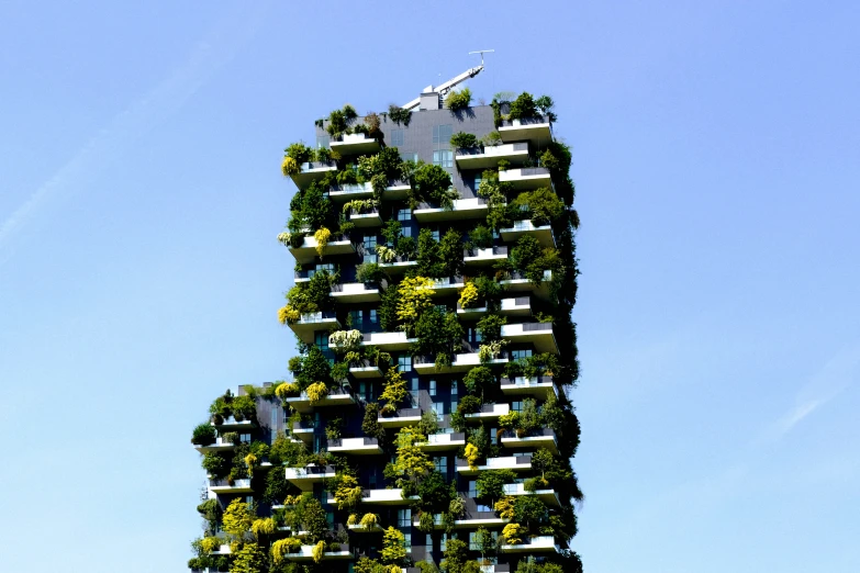 a tall tower with plants growing on the top and a plane flying overhead