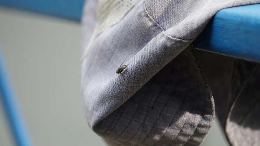 the corner of a grey cushion sitting next to a blue seat