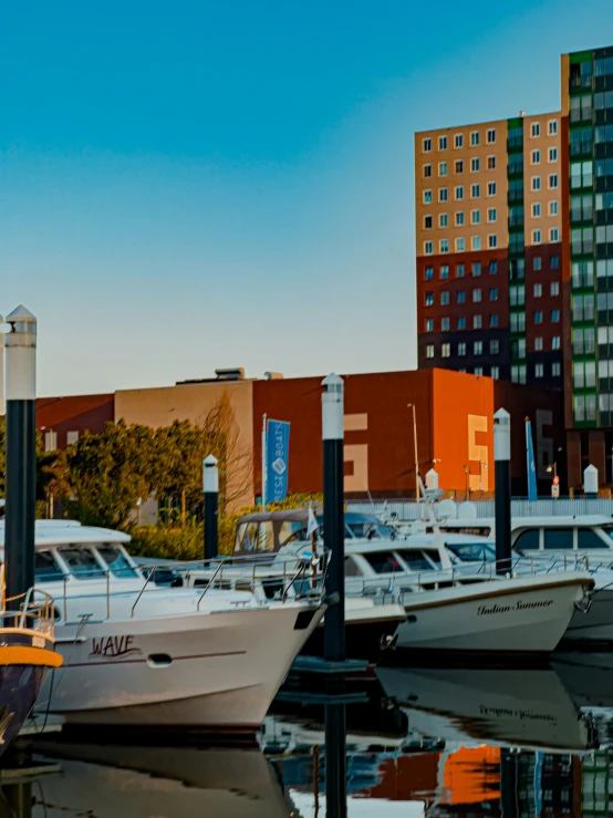 the harbor in a city near several large yachts