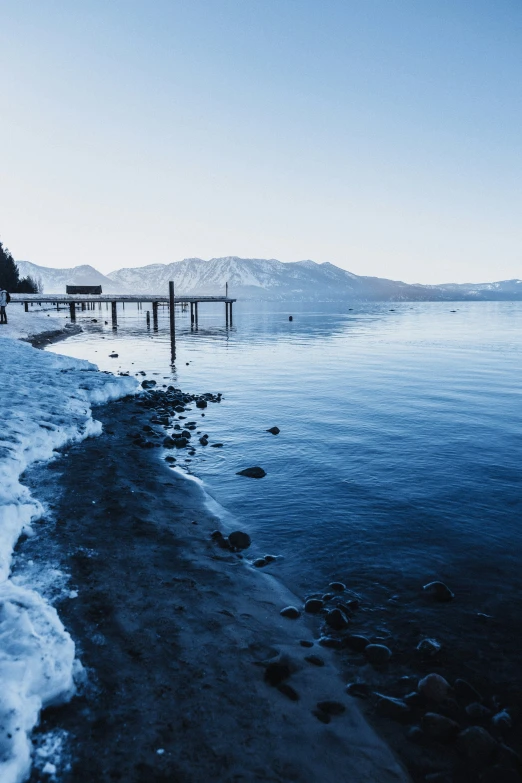 a large body of water sitting on top of snow covered ground