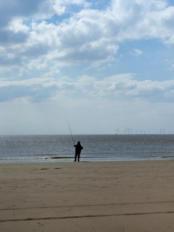 a person standing in the water on a beach with a fish fishing rod