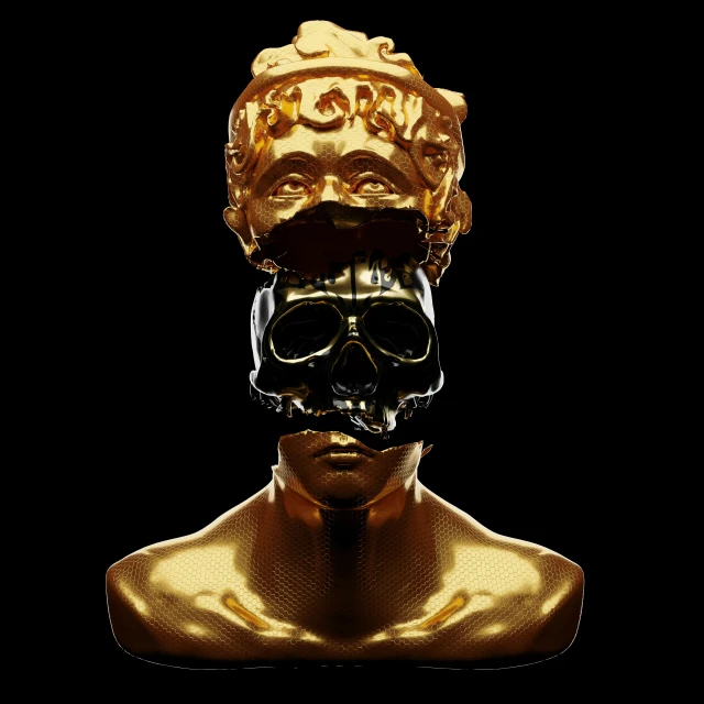 a gold sculpture of a person wearing glasses and a headpiece