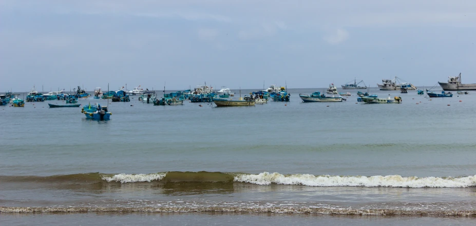 many small boats are in the water near a shore