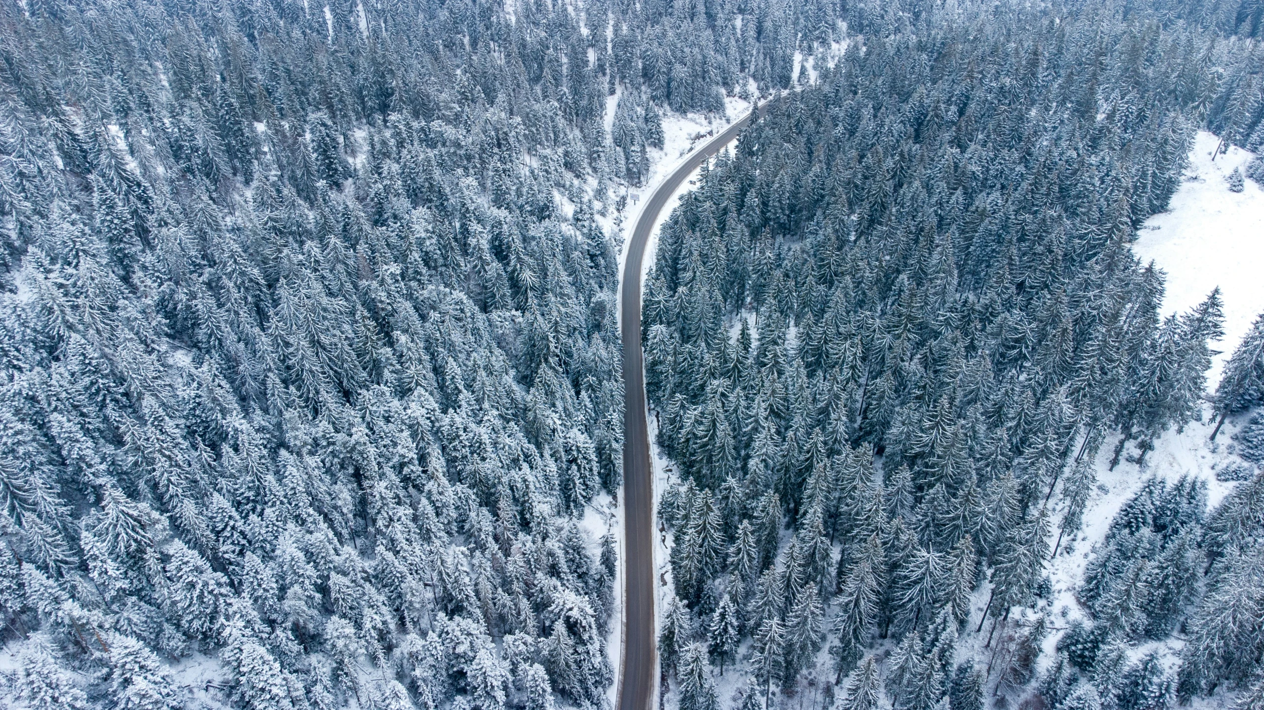 the aerial view shows a road that splits through snow - covered trees