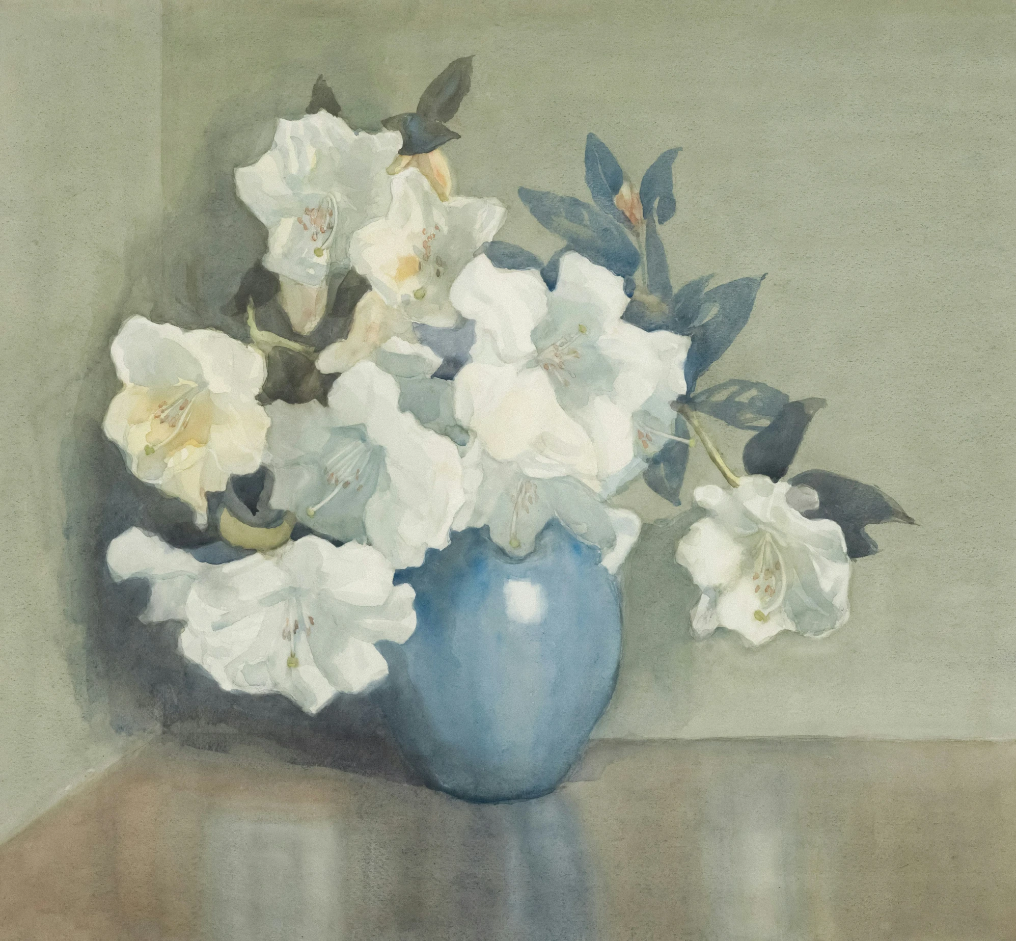 a watercolor painting of white and blue flowers in a vase