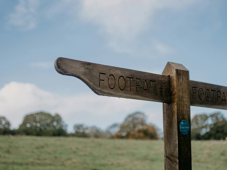 a wooden sign with two different writing is in front of a grassy area