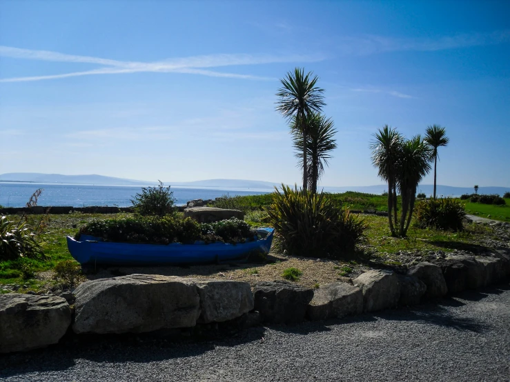 an empty blue boat is in the grass