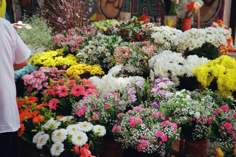 people shop for flowers in a colorful outdoor flower stand