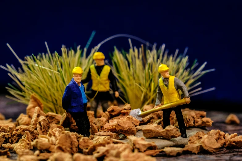 three people with shovels and plants in a desert