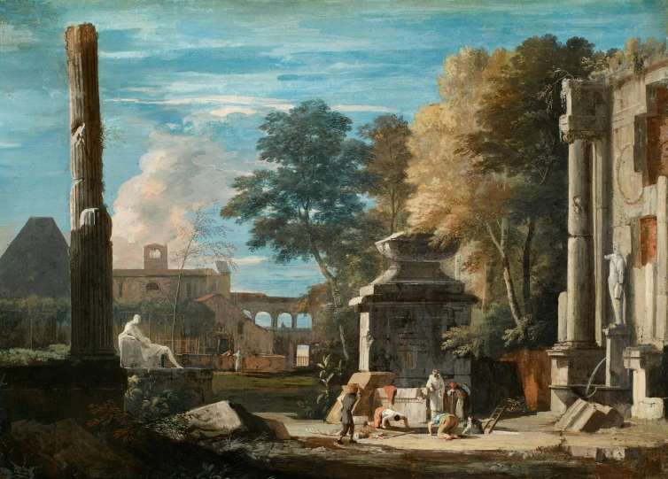a painting of ruins and people on a path
