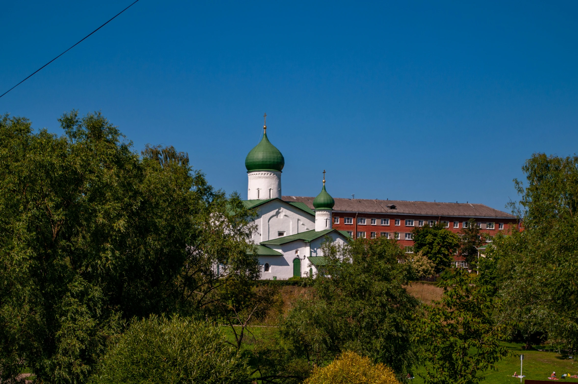 the building has green roofing and is near trees