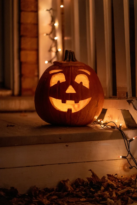 a pumpkin lit up on a porch with lights