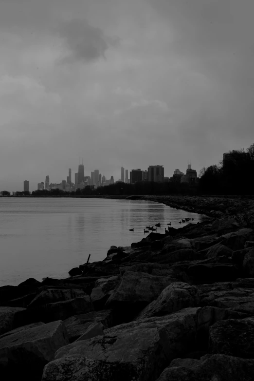 a very big city skyline behind some rocks