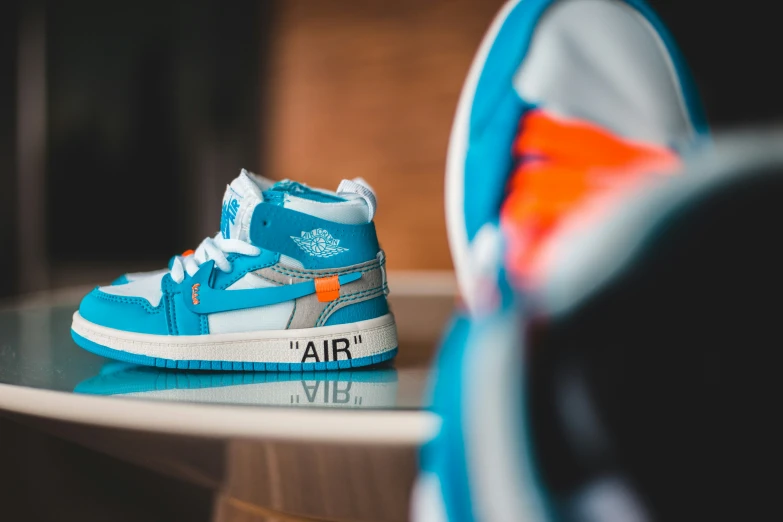 the blue air jordan sneakers have been on display