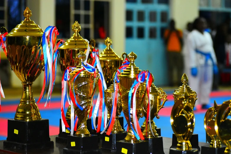 trophies are lined up on the floor of a school