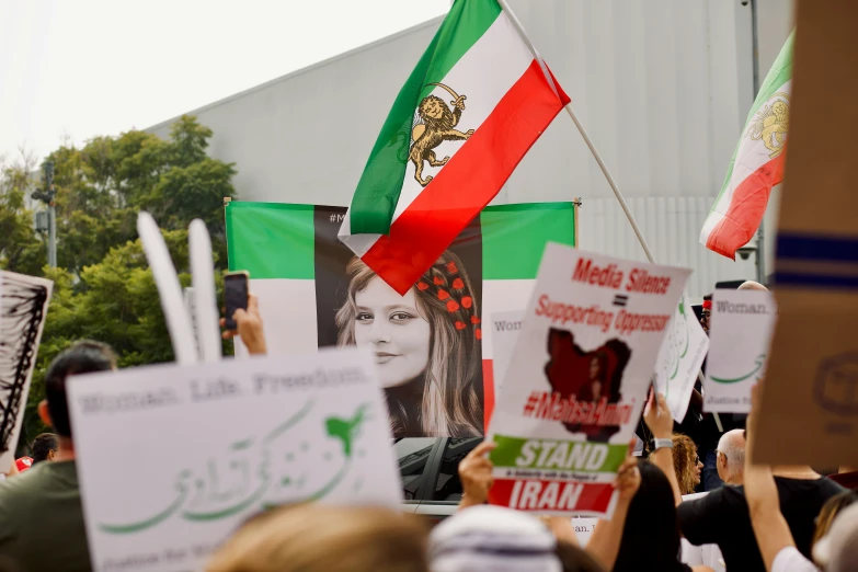 people are marching in a protest carrying flags