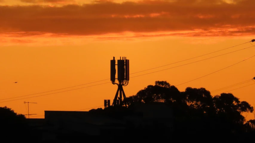 a cell phone tower at sunset with trees