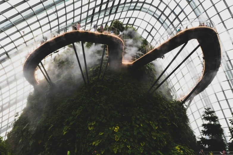 cloud filled ceiling inside a domeed building