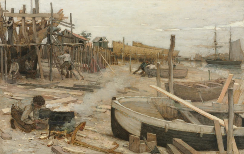 a painting of people working on the docks in a harbor