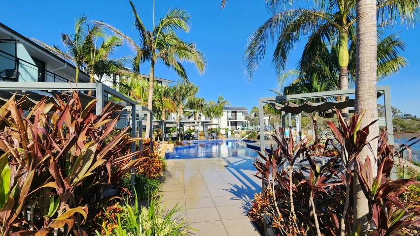 a swimming pool and a walkway near some trees