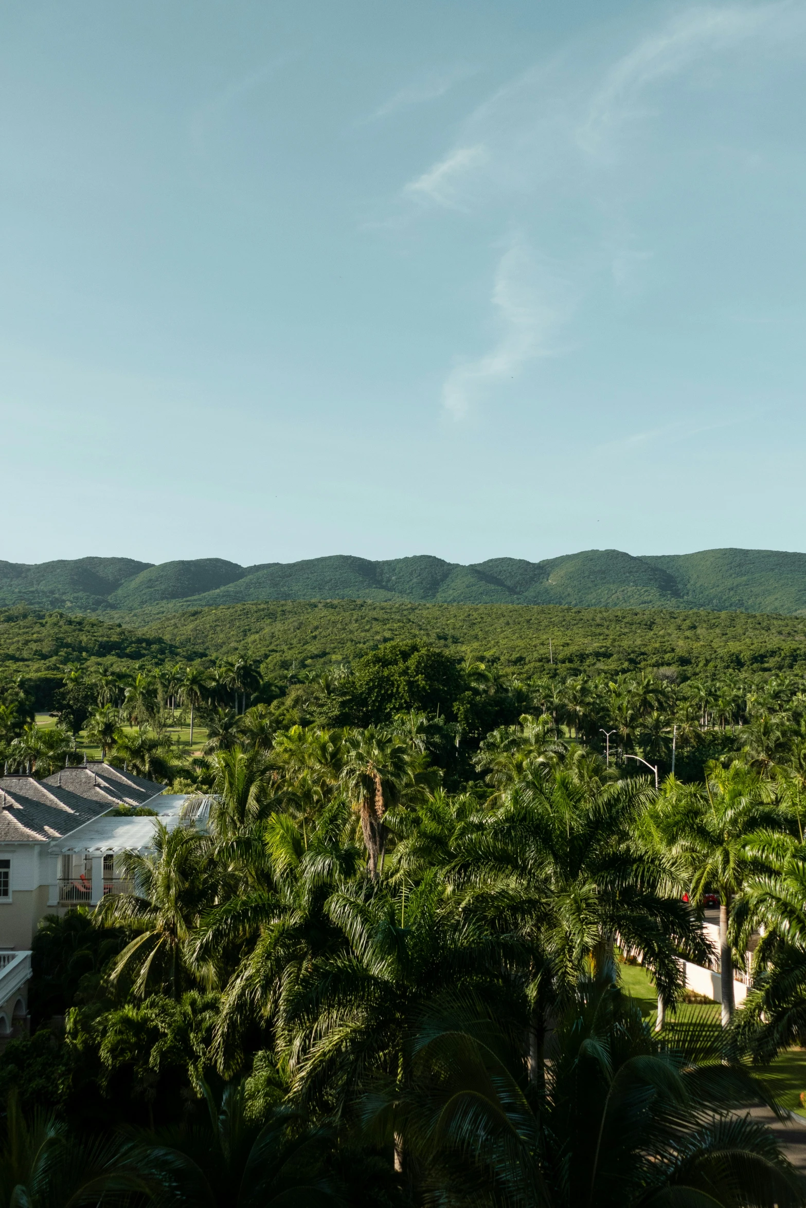 view from a building over a lush green landscape and surrounding mountains