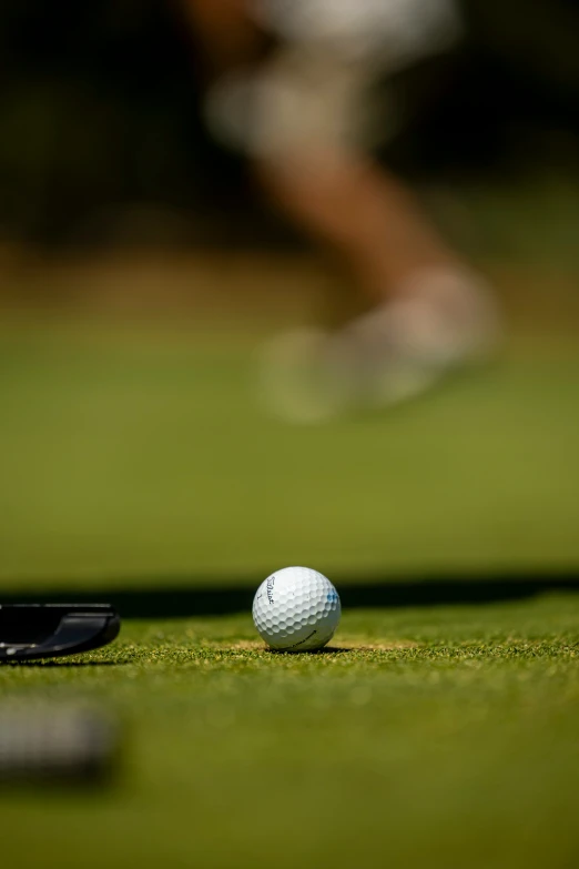 a closeup of a golf ball on the green of the course