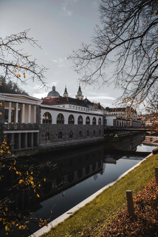 a view of a building from across the river