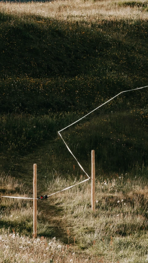 a yellow kite flies over the tops of two wooden poles