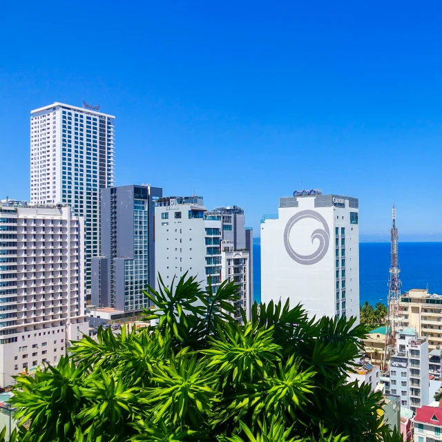 view of buildings from high above of the sea