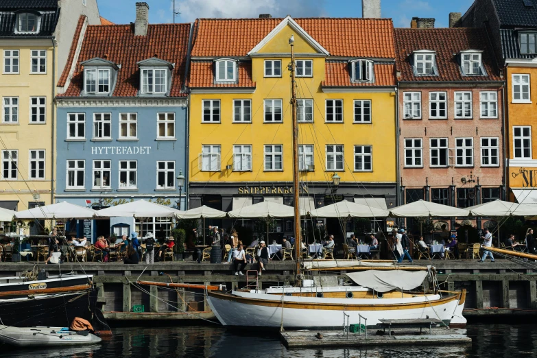 colorful buildings are seen at the waters edge