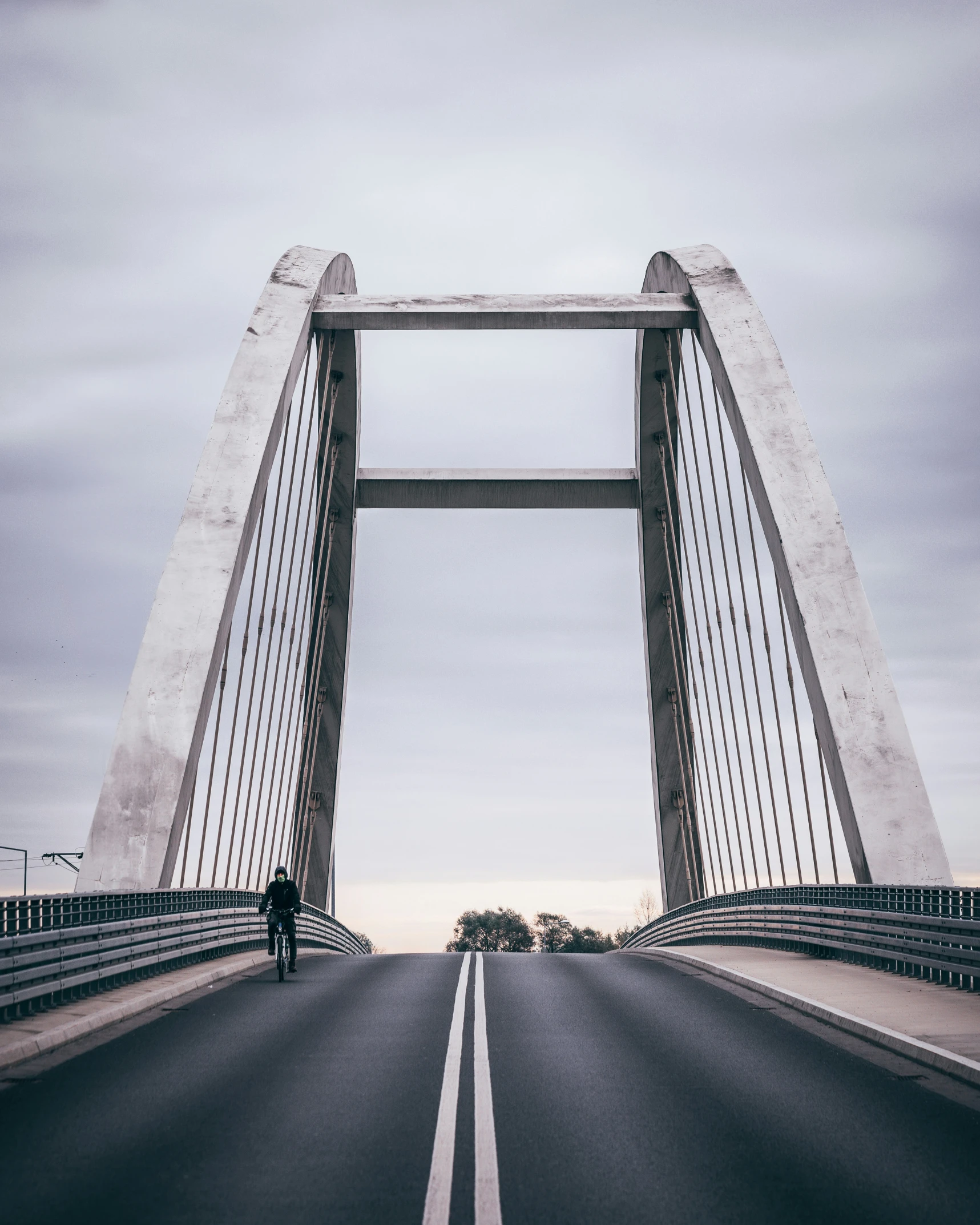 the man is walking across the bridge with his bike