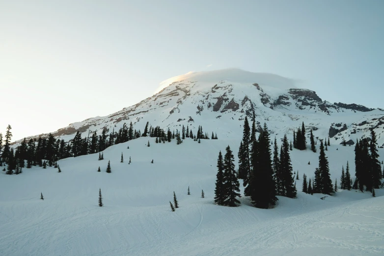 the view of an extreme ski resort mountain in winter