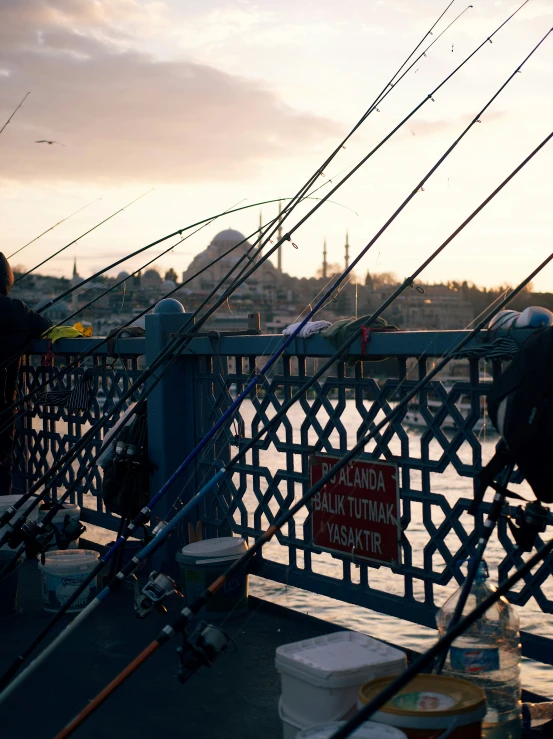 people on a pier with fish and fishing rods