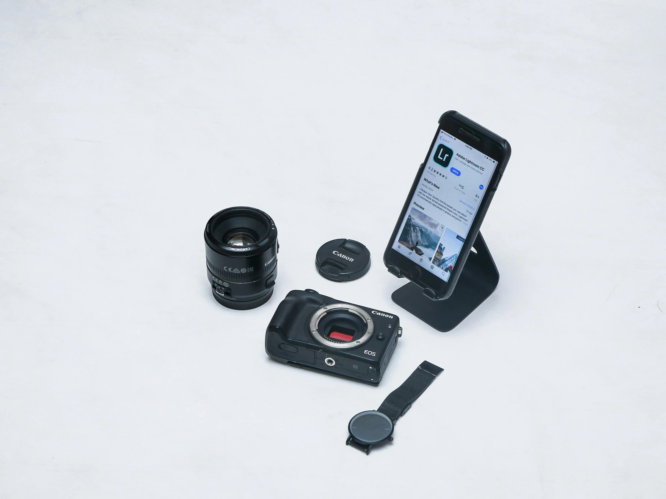 a camera and lens on a table with another object