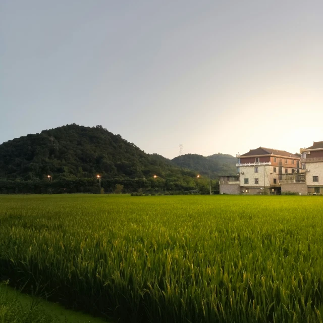 a green field near a building and some hills