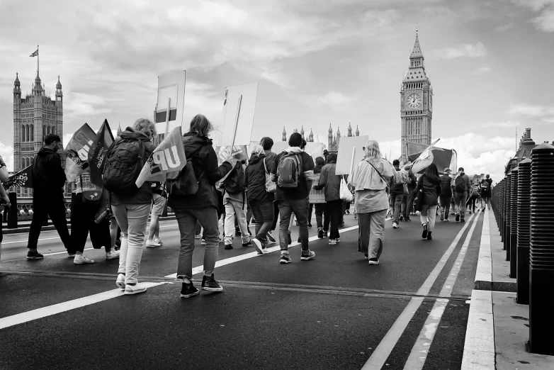 several people with flags walk in a line on a road