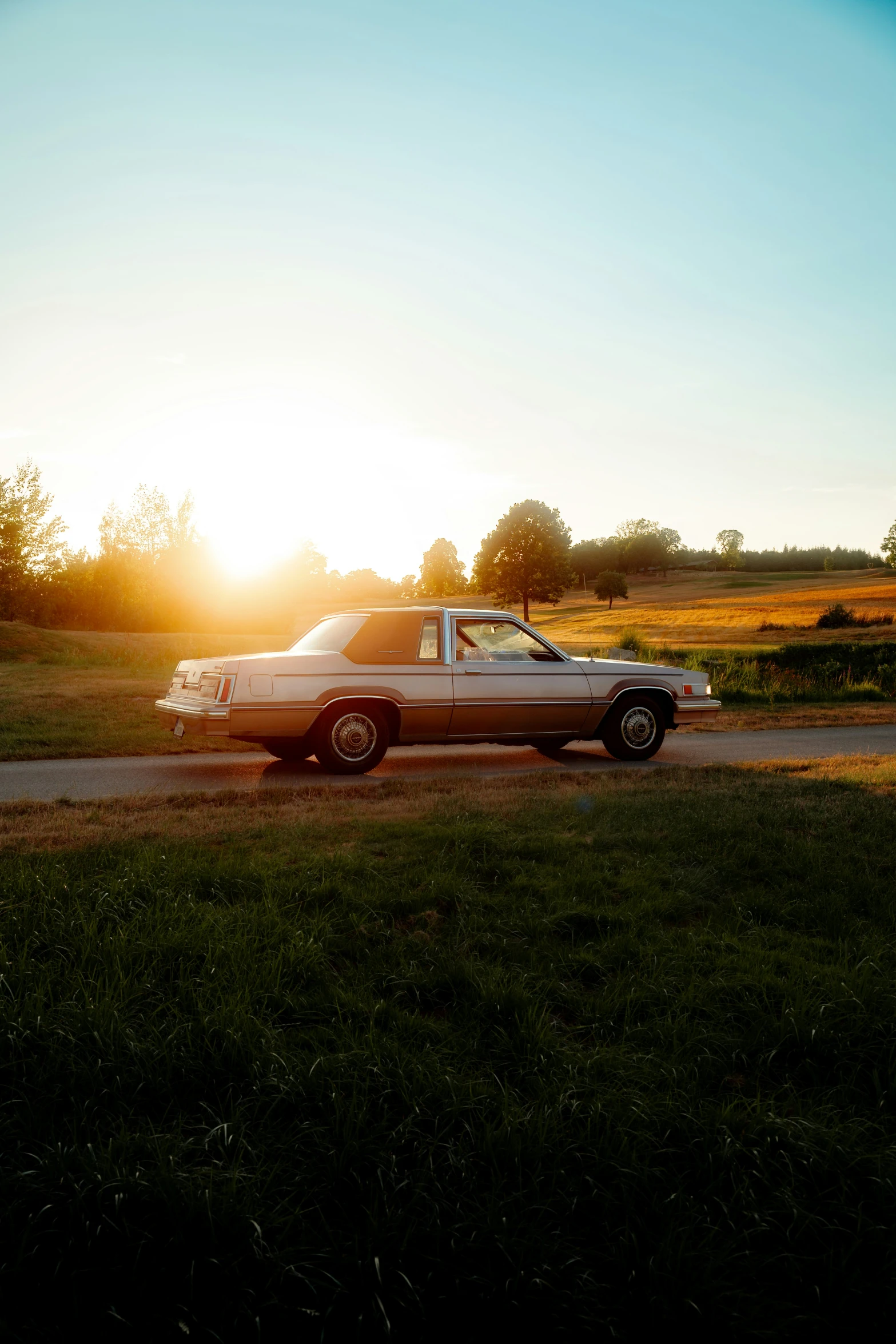 the car is driving down the country road