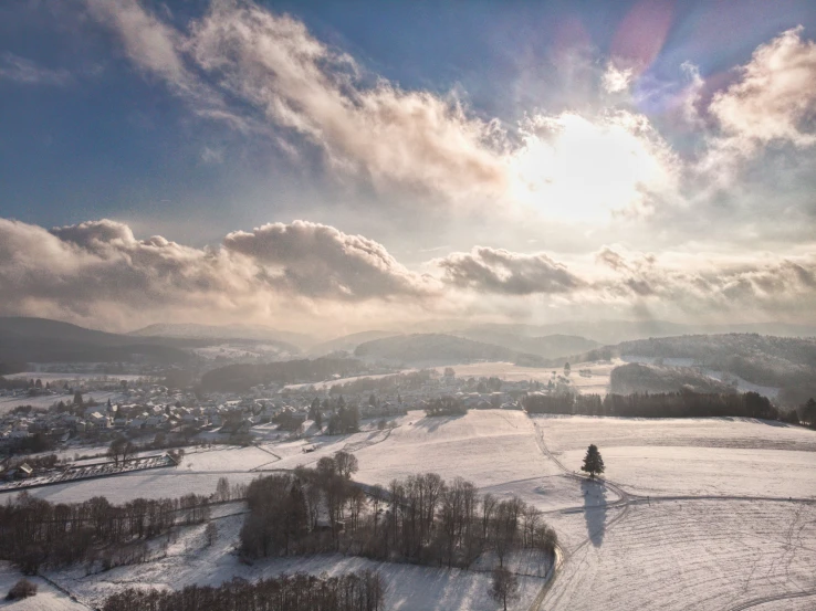 a view of a snowy landscape with trees