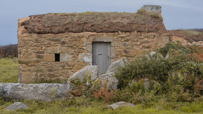 a building with a grassy roof is made of rock