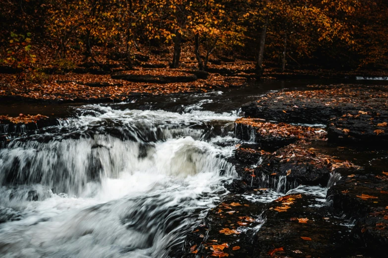 the water is rushing over the rock to reach a small waterfall