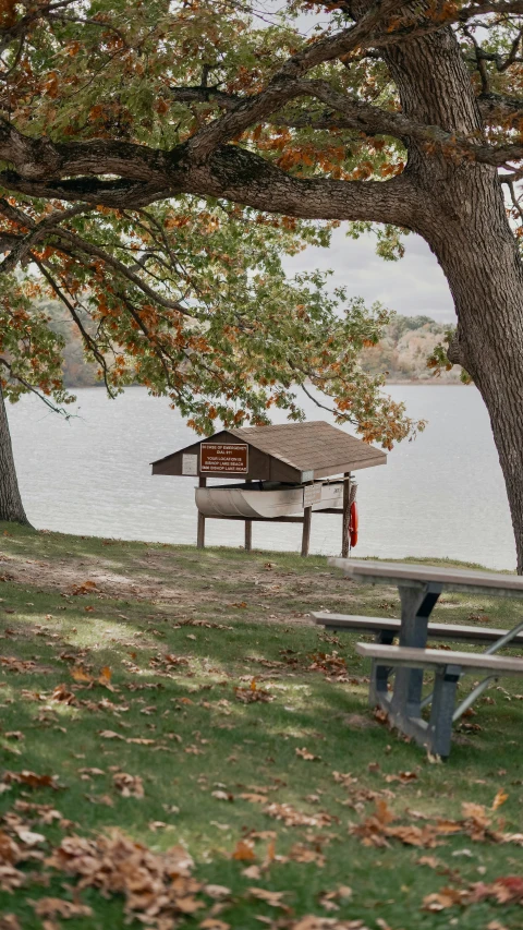 the picnic table is by a lake under the trees