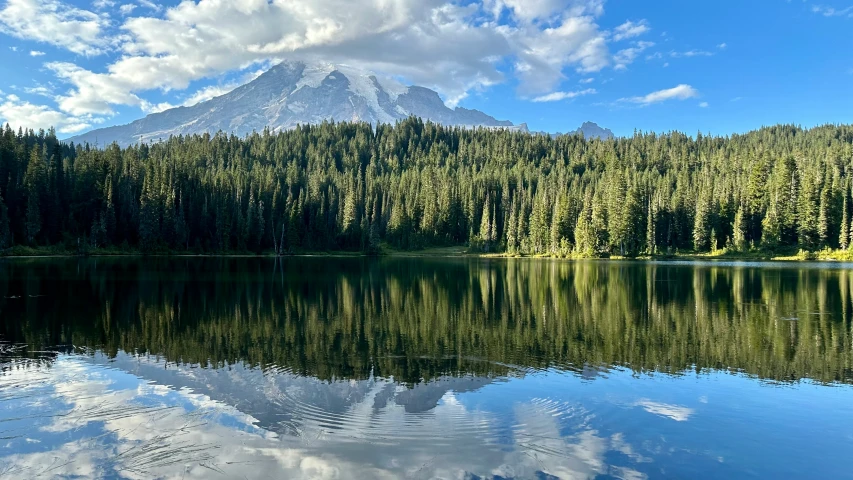 mountains and trees are reflected in a lake