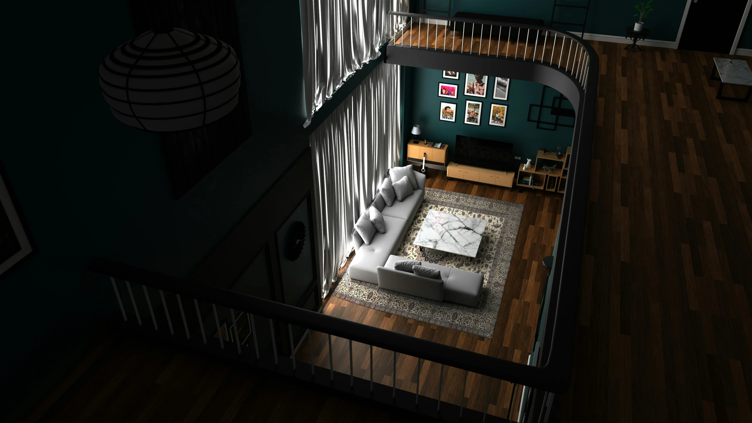 an aerial view of a living room that is depicted in the middle of a home