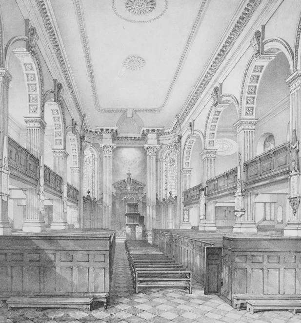 a pencil drawing of the interior of a church