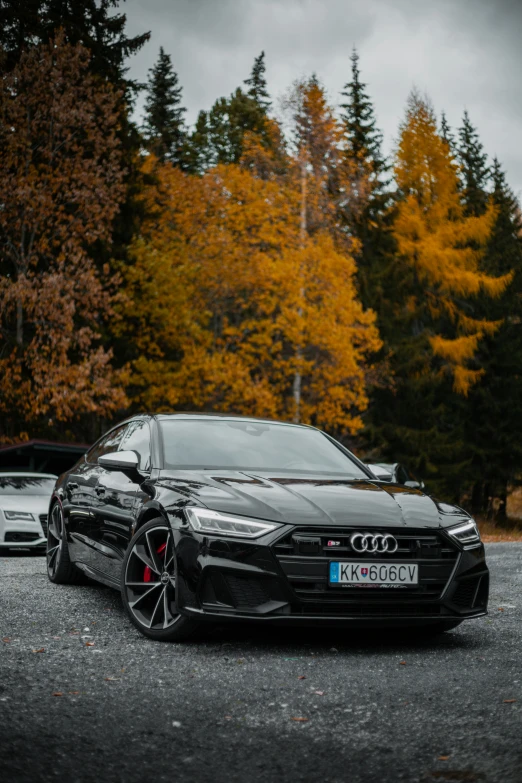 there is an black car parked next to other cars