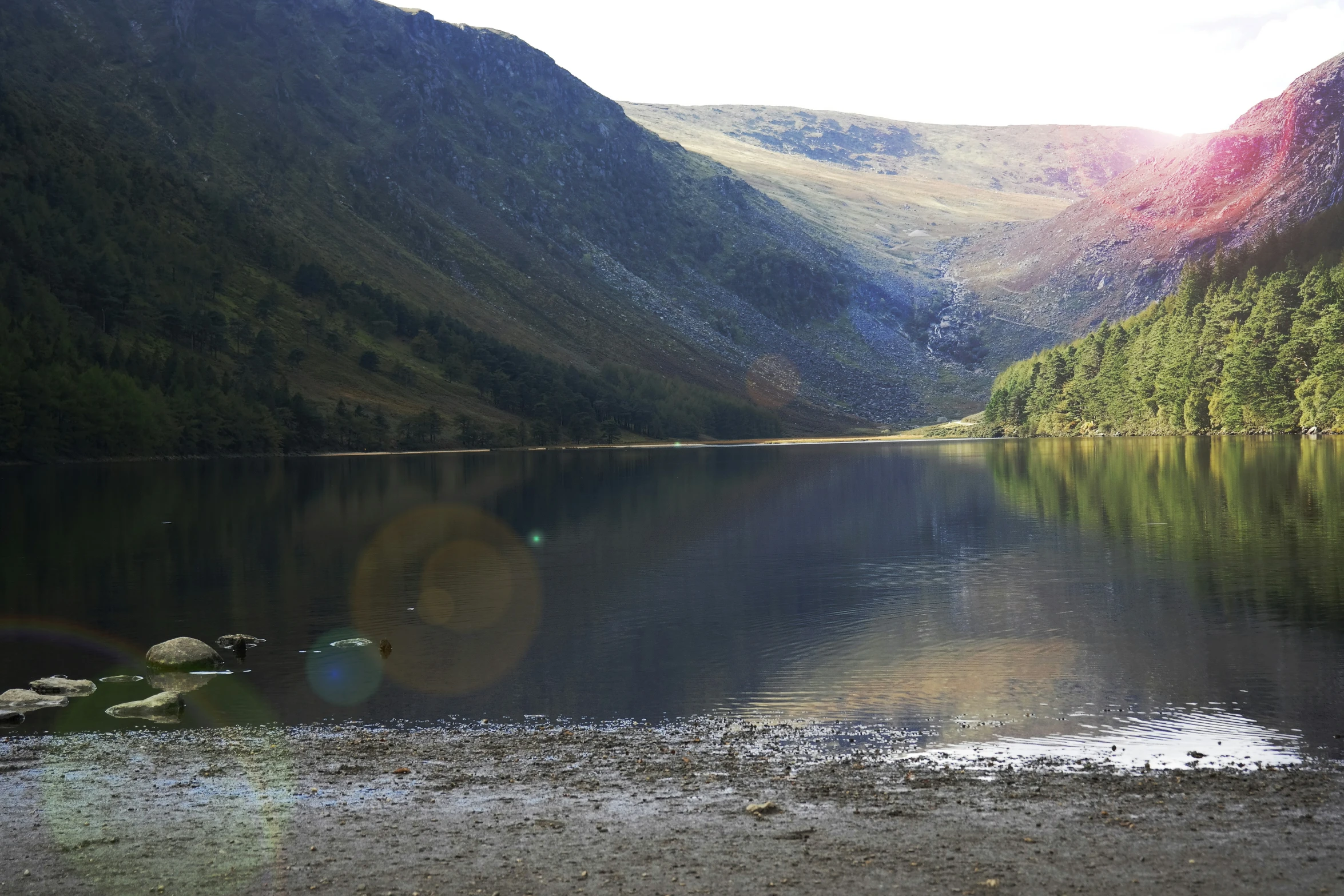 mountains with water and rocks around them and trees near the shore