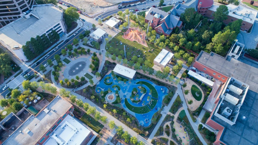 an aerial view of a park that is located in the middle of city
