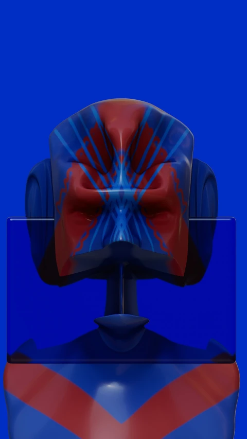 this is a computer model showing a woman wearing a red, blue and black mask