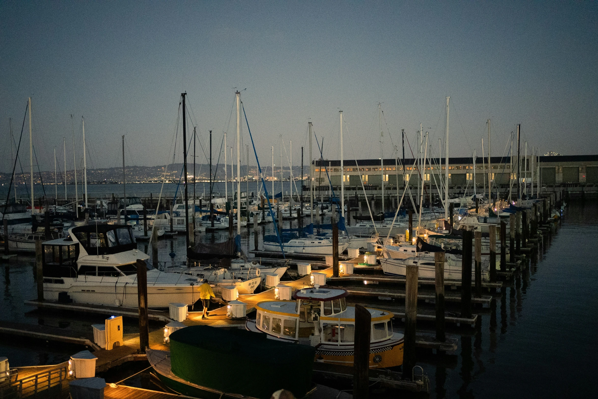 a number of boats docked in a large body of water