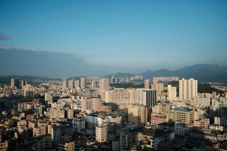 the view from a large building overlooks the city